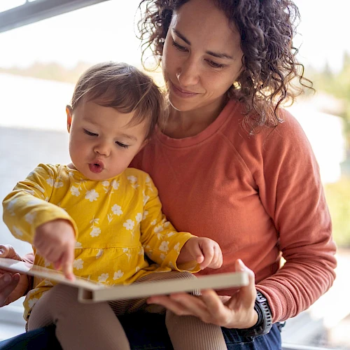 A person holds a child on their lap by a window, both looking at a book, with the child pointing at it, creating a cozy reading moment.