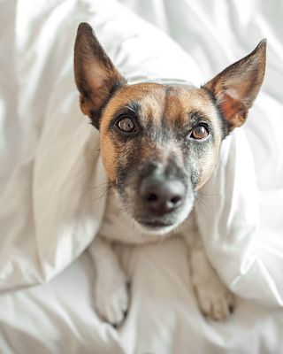 A dog with pointed ears, partially covered by a white blanket, looks up from a bed, creating a cozy and endearing scene.