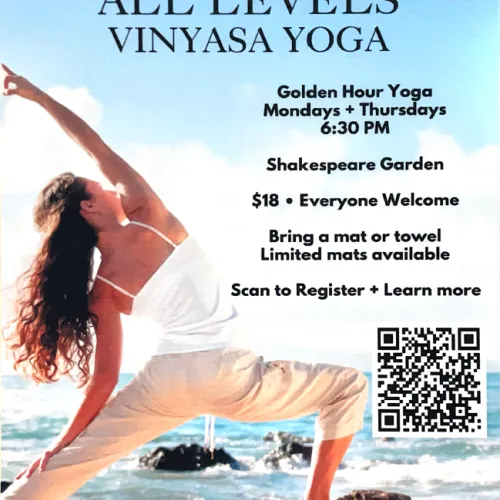 Ocean View all-levels Vinyasa yoga poster—Golden Hour Yoga Mondays & Thursdays 6:30 PM at Shakespeare Garden, $18, scan QR.